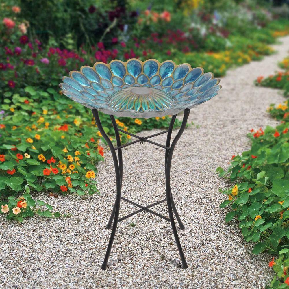 Blue 18" Solar Glass Flower Mosaic Birdbath with Metal Stand