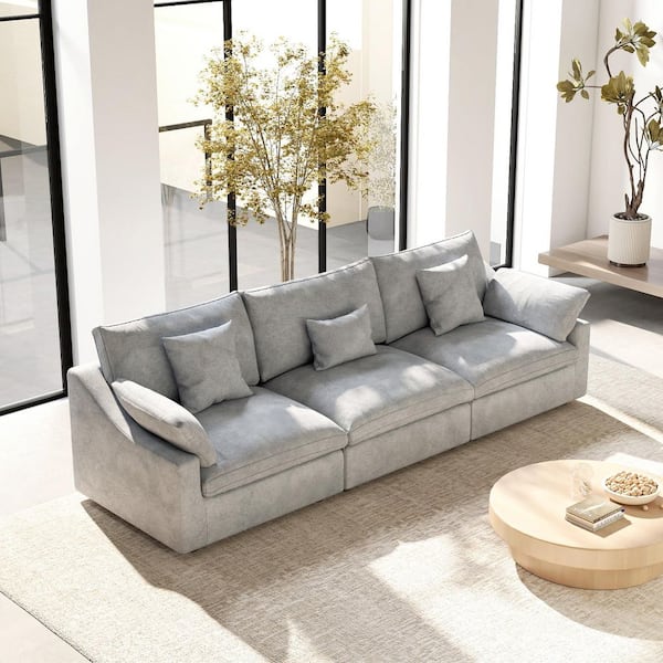 119 in. Square Arm Linen 3-Piece Oversized Modern Comfy Cloud Modular Sectional Sofa Couch in Gray