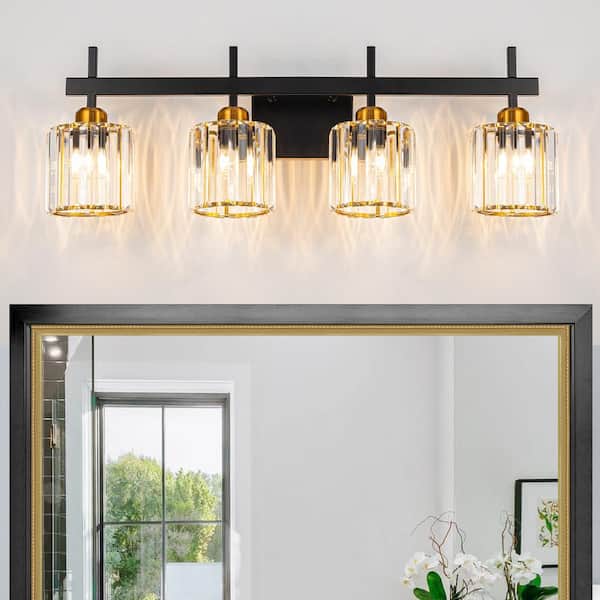 28.35 in. 4 Lights Black and Gold Modern Crystal Bathroom Vanity Light Over Mirror with Crystal Shades
