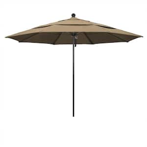 11 ft. Black Aluminum Commercial Market Patio Umbrella with Fiberglass Ribs and Pulley Lift in Heather Beige Sunbrella