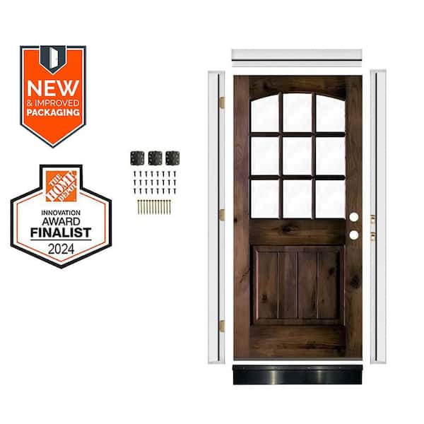 Krosswood Doors DIY 32 in. x 80 in. Arch Top Left-Handed Clear Glass Black Stain Knotty Alder Wood Front Door Kit w/ Quick Assemble Jamb