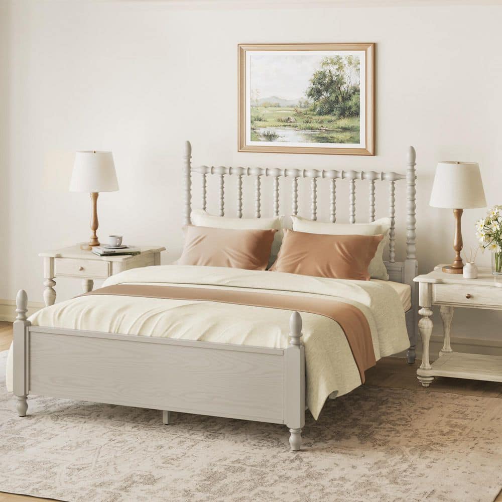 OrangeOne Ailio White Solid Wood Frame Queen Platform Bed Frame with ...
