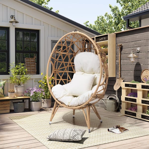 Pellebant Wicker Outdoor Patio Egg Lounge Chair With Removable Beige Cushion and Beige Pillow