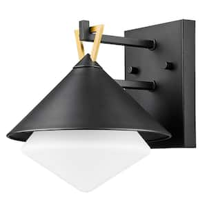 Edmore 8.75 in. Matte Black and Gold Accent 1-Light Wall Lantern with OpalGlass