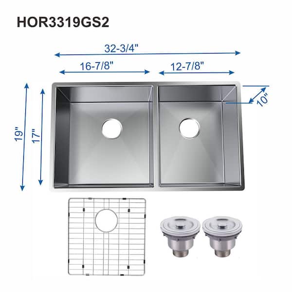 Handmade Satin 20-Gauge Stainless Steel 32.75 in. Double Bowl Undermount Workstation Kitchen Sink with Grid and Strainer