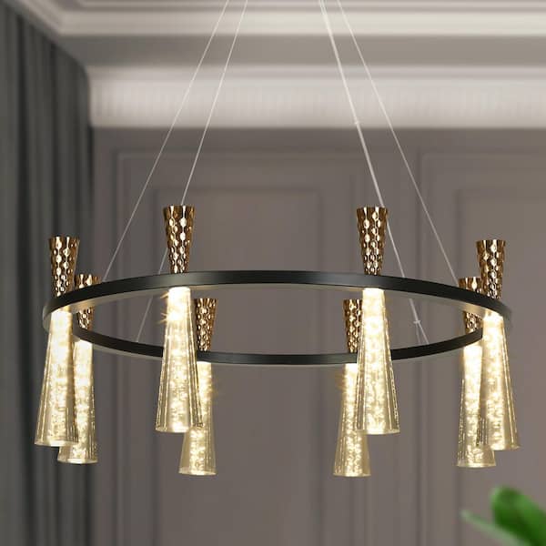 Almhult 8-Light Integrated LED Black Plating Brass Circle Chandelier with Bubble Acrylic Rods Wagon Wheel Hanging Light