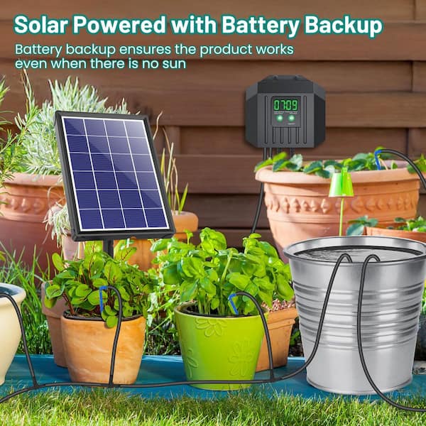 Oyezvary 4-Watt Solar Powered Drip Irrigation System, Programmable Smart Watering Kit for 15 Potted Plants Indoor Outdoor Garden