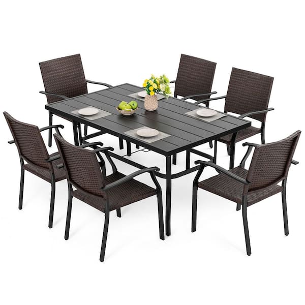 Black 7-Piece Iron and Wicker Rectangle Outdoor Dining Set with 1.57 in. Umbrella Hole