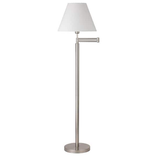 HomeRoots 62 in. Silver 1 1-Way (On/Off) Swing Arm Floor Lamp for Living Room with Cotton Empire Shade