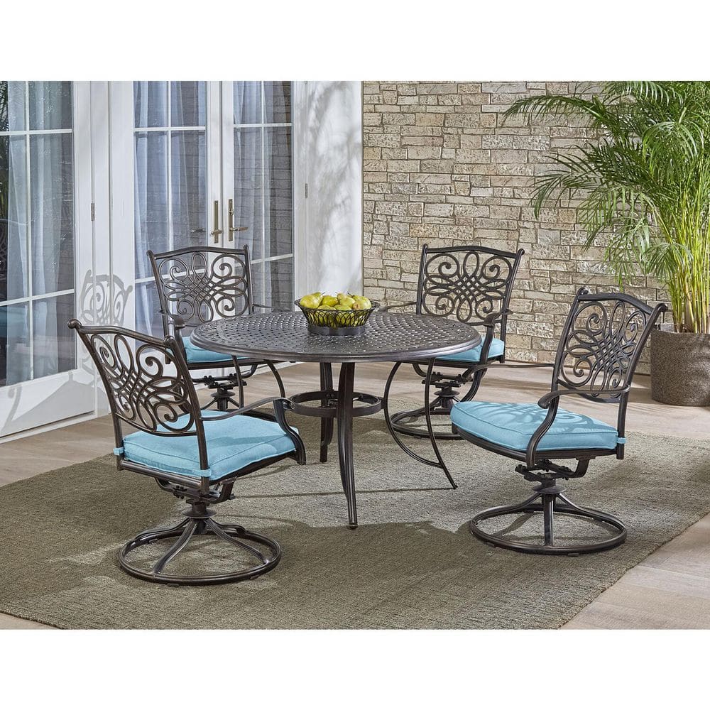 Hanover 5-Piece Blue Cushioned Aluminum Outdoor Dining Set with Swivel Chairs