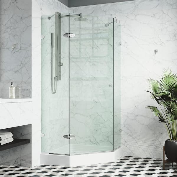 VIGO Verona 40 in. L x 40 in. W x 79 in. H Frameless Pivot Neo-angle Shower Enclosure Kit in Chrome with 3/8 in. Clear Glass
