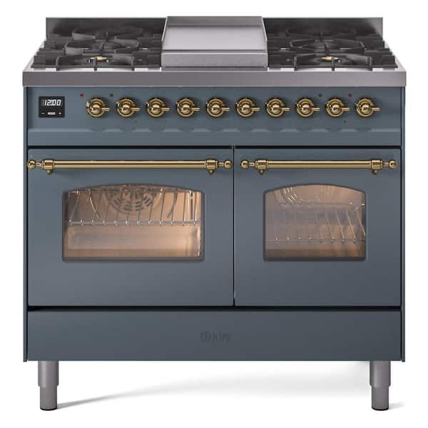 Nostalgie II 40 in. 6 Burner Plus Griddle Freestanding Double Oven Dual Fuel Range in Blue Grey with Brass