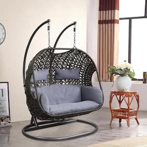 52 in. 2-Person Black Metal Patio Swing Chair with Cushions in Gray