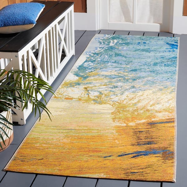 Barbados Blue/Gold 3 ft. x 10 ft. Runner Gradient Waves Indoor/Outdoor Area Rug