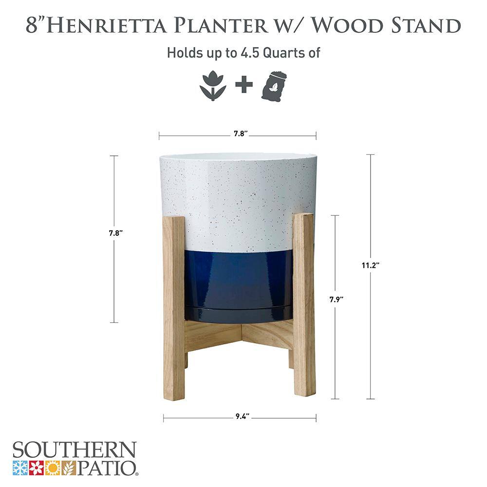Small White and Blue Resin Indoor Planter with Wood Stand