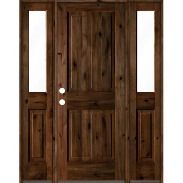Krosswood Doors 60 in. x 80 in. Rustic Alder Square Provincial Stained Wood with V-Groove Right Hand Single Prehung Front Door