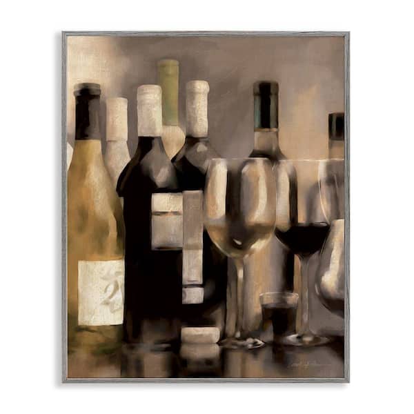 Stupell Industries Wine Bottles on Bar by Carol Robinson Gray Framed Food Giclee Art Print 30 in. x 24 in.