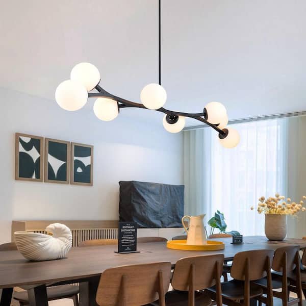 Lucie 55.9 in. 8-Light Mid-Century Black Sputnik Chandelier Linear Kitchen Island Pendant with Opal Glass Shades
