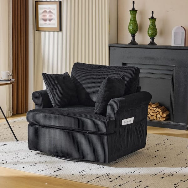 Karl home Black Corduroy Arm Chair with Wood Swivel Base