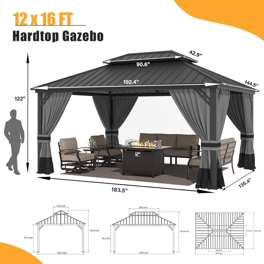Gray 12x16ft Hardtop Gazebo with Nettings and Curtains
