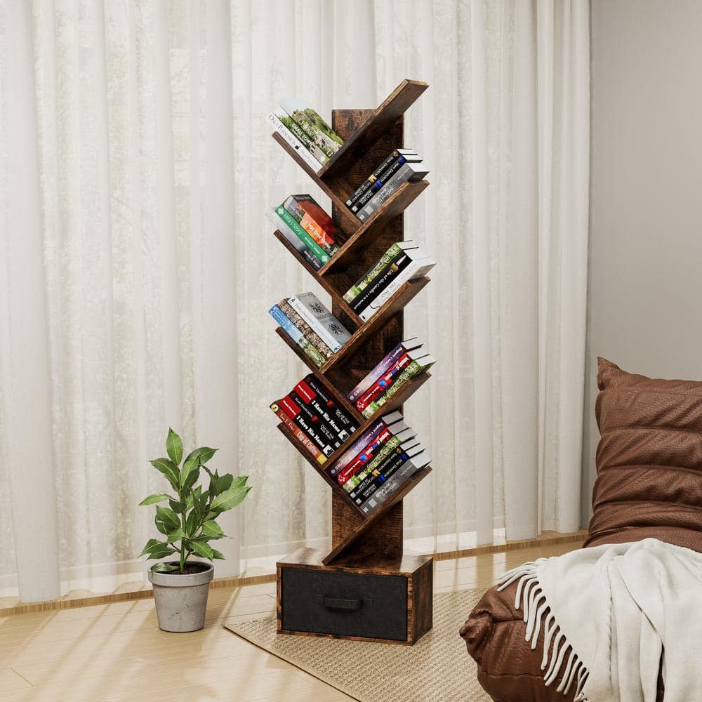 55.5 in. Tall Rustic Brown Wood 9-Tier Tree Bookcase Floor Standing Bookshe