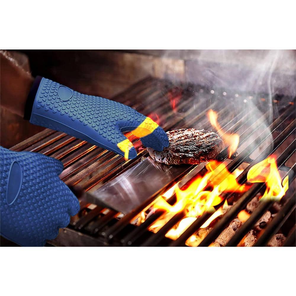 Blue Silicone Heat Resistant BBQ Gloves with Cotton Lining