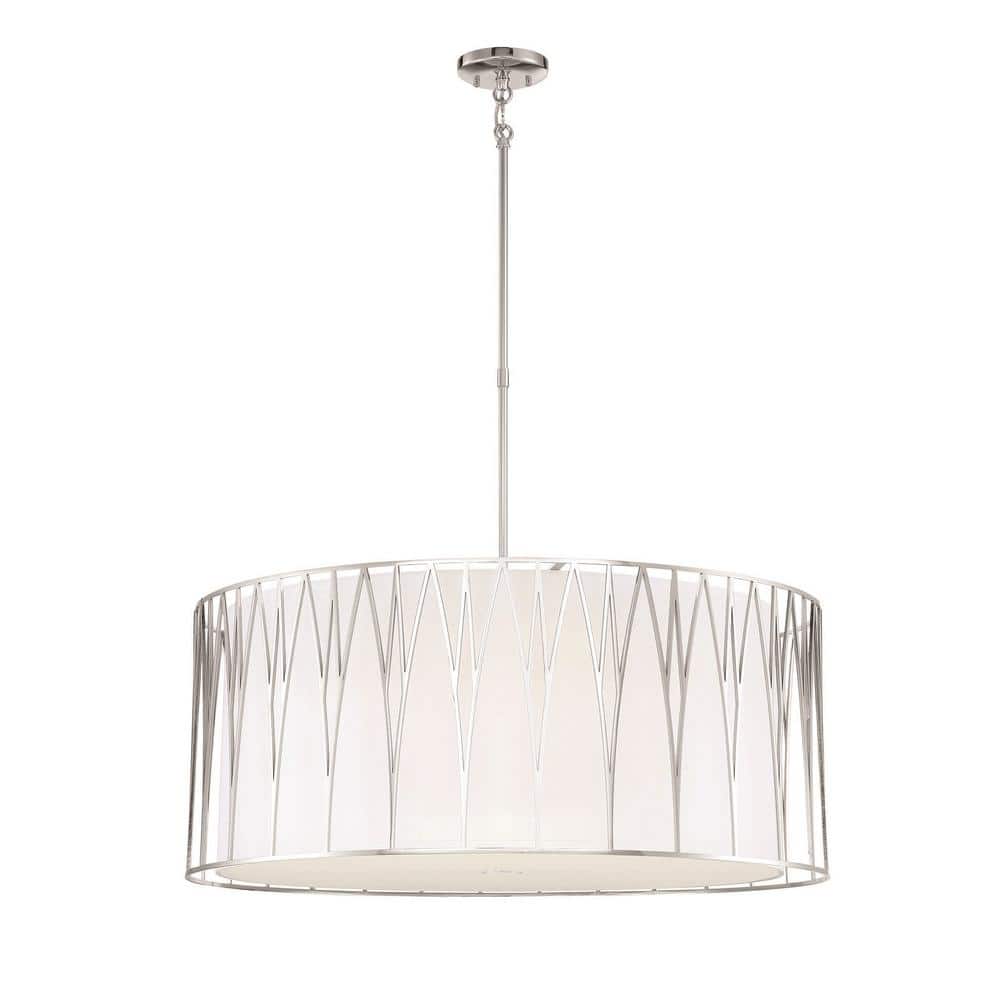 Polished Nickel 6-Light LED Drum Pendant with White Fabric Shade
