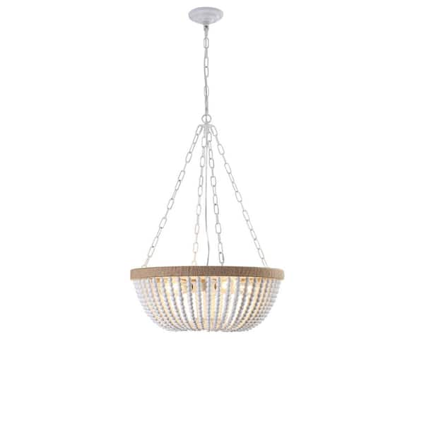 VEVETTA 5 light Oak White Bohemian Farmhouse Wood Bead Chandelier or Living Room Dining Room (Bulb Not Included)