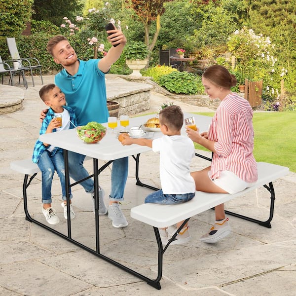 Gymax Folding Picnic Table and Bench Set for Camping BBQ with Steel Frame White GYM07426 The Home Depot