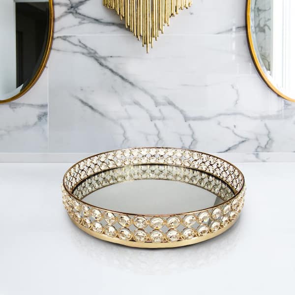 LIVING LUXURY 12 in. Gold Luxury Crystal Bead Round Metal Mirror Gold Decorative Tray