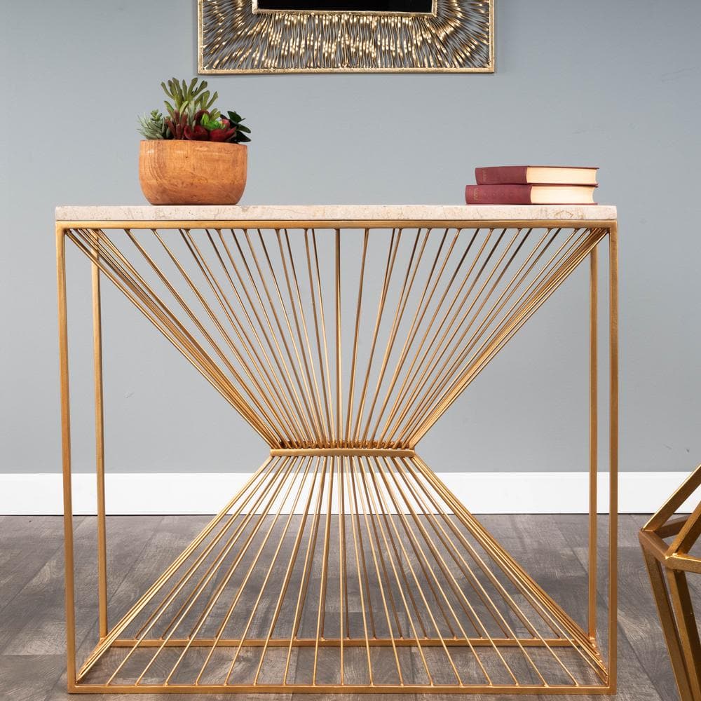 Cosmo Cream Fossil Stone and Gold Metal Console Table