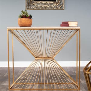 Cosmo 36 in. Gold Rectangular Fossil Stone and Metal Console Table