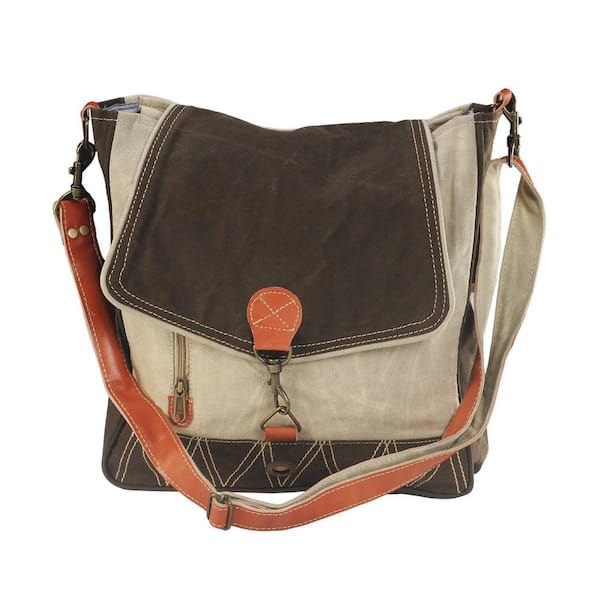 Unbranded Vintage Brown Cotton and Leather 2-Tone Flip-over Cross Body Bag with 13 in. Laptop Compartment