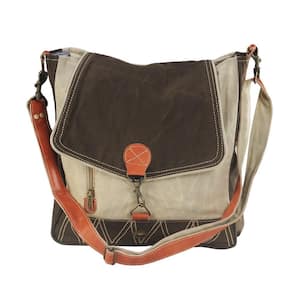 Vintage Brown Cotton and Leather 2-Tone Flip-over Cross Body Bag with 13 in. Laptop Compartment