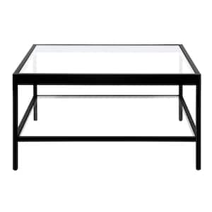 32 in. Black Square Glass Coffee Table with Shelves;Storage