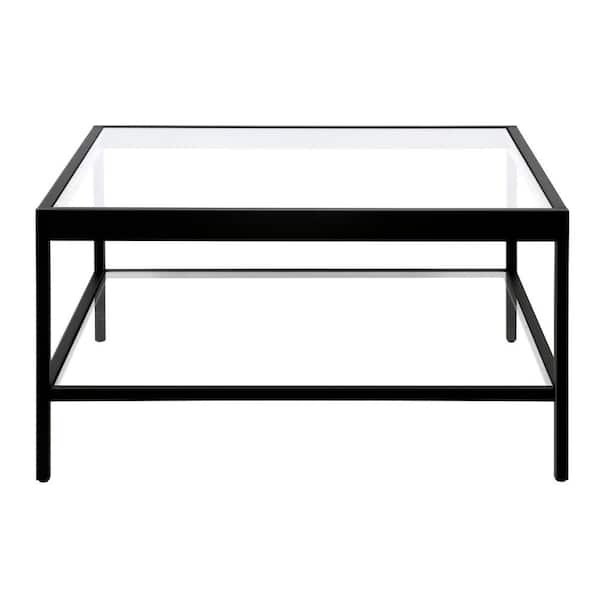 HomeRoots 32 in. Black Square Glass Coffee Table with Shelves;Storage