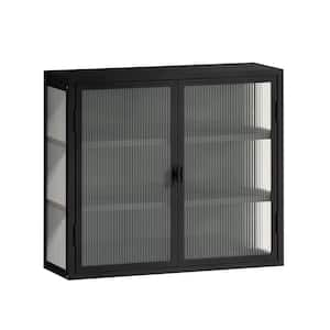9.06-in W x 27.56-in D x 23.62-in H in Matte Black Metal Modern Wall Cabinet with 2 Glass Door and 3 Tier Storage