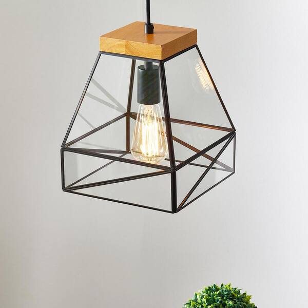 KAWOTI 1-Light Black Geometric Barn Pendant Light with Glass Panes
