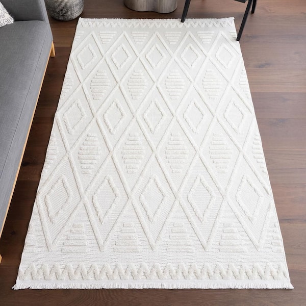 Annaka Trellis Fringe Area Cream 7 ft. x 9 ft. Indoor Area Rug