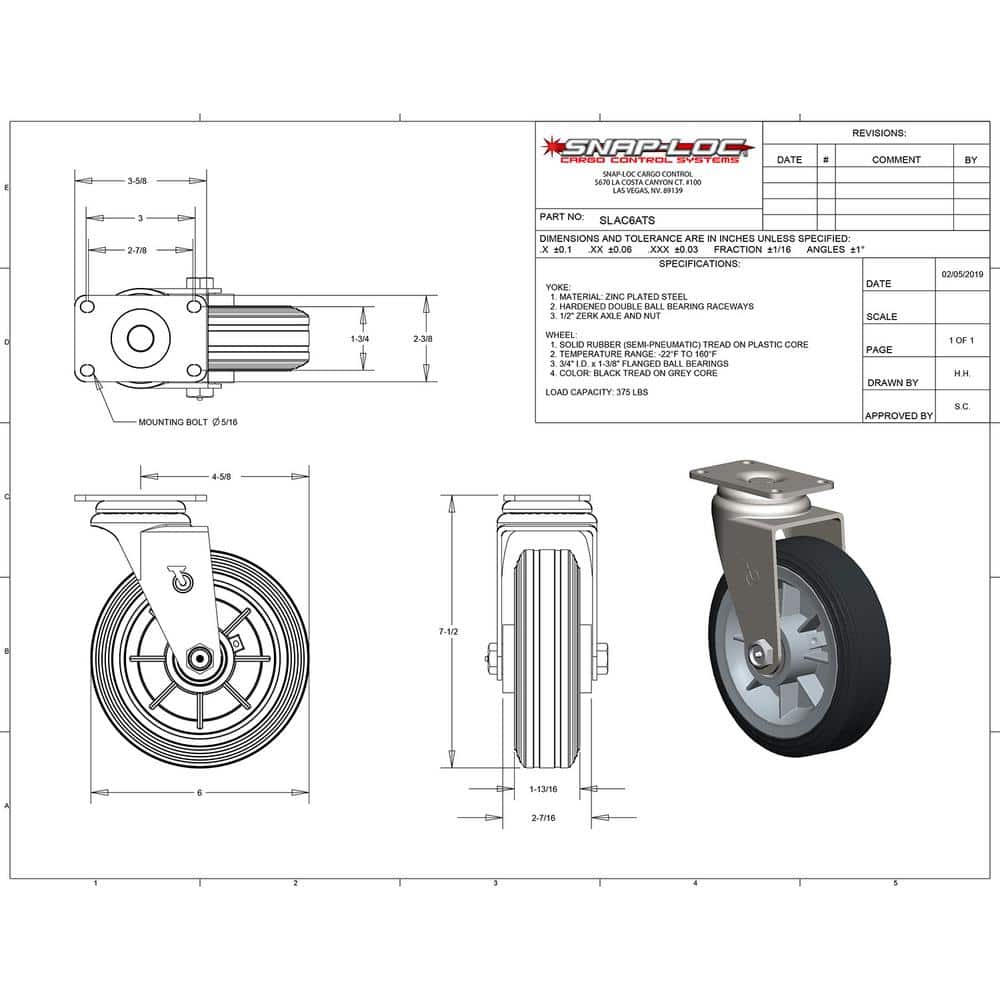 Black Rubber 6" All-Terrain Swivel Caster for Dolly System