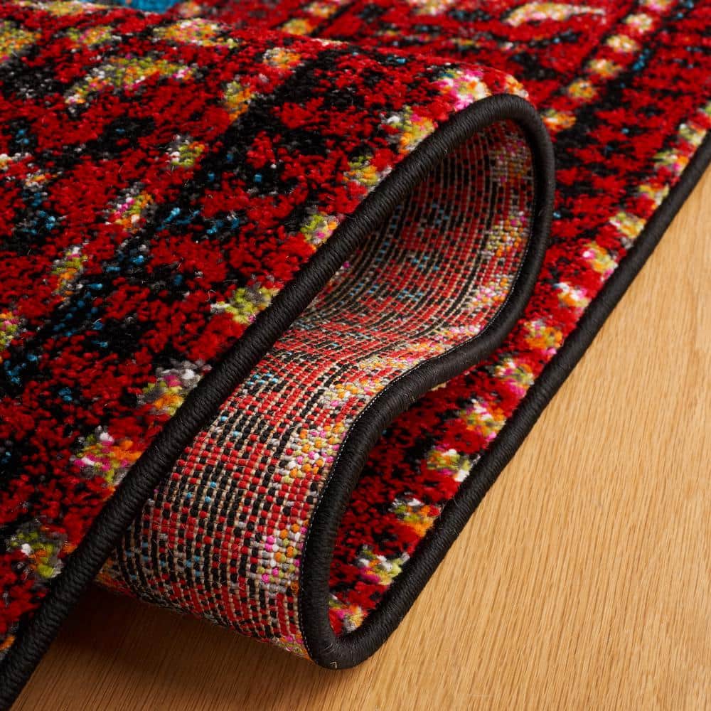 Vintage Red and Blue Round Floral Synthetic Rug