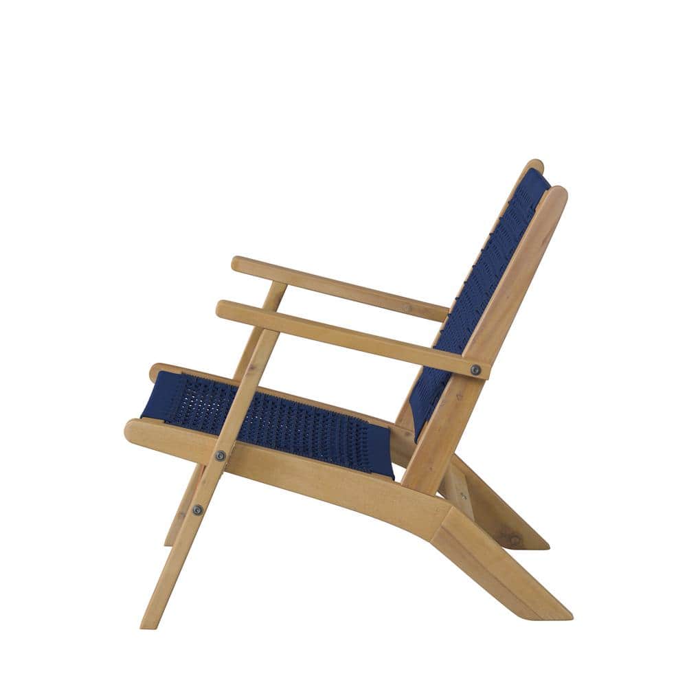 Vega Midcentury Natural Acacia Wood Outdoor Chair with Navy Blue Cording