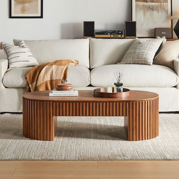 Neil Modern 51.18 in. Brown Oval MDF Wood Coffee Table with Drawer and Pedestal Base