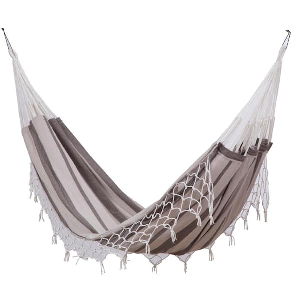 Sol Living Brazilian 6.58 ft. Portable Double Cotton Hammock Bed in Grey Stripes