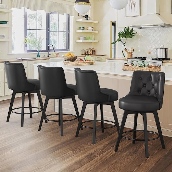 cozyman Rowland 26.5 in Seat Height Black Faux Leather Counter Height Solid Wood Leg Swivel Bar stool（Set of 4）