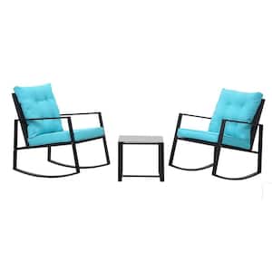 3-Piece Black Metal Outdoor Bistro Table with Blue Cushions and 2 Arm Chairs for Backyard, Poolside, Garden