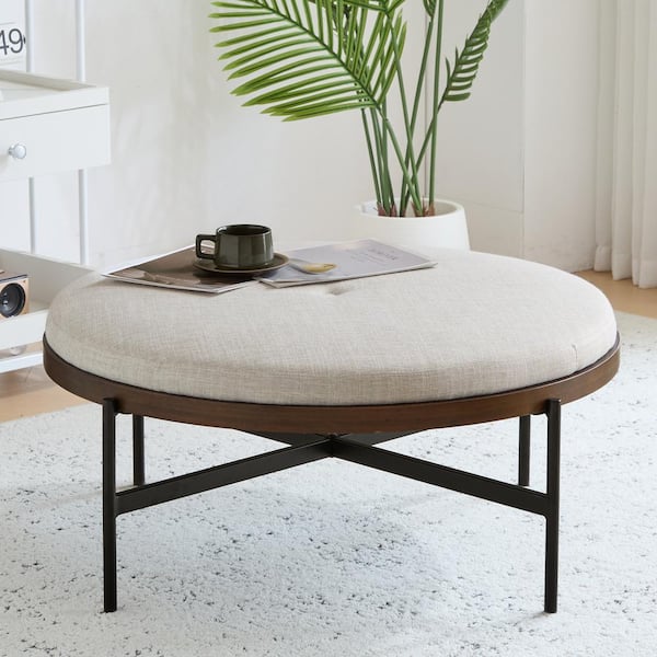 CHRISTOPHER KNIGHT HOME Stratum Modern Upholstered Fabric Round Ottoman, Iron Base, Beige + Black