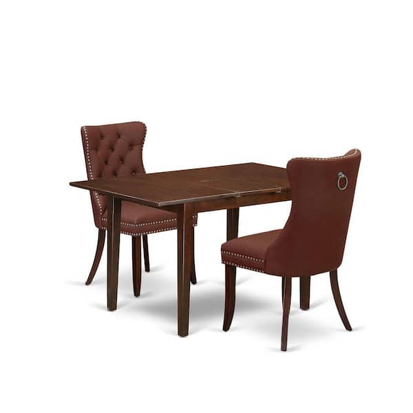 East West Furniture 3-Piece Mahogany Finish Rectangular Solid Wood Top With Butterfly Leaf Dining Table Set