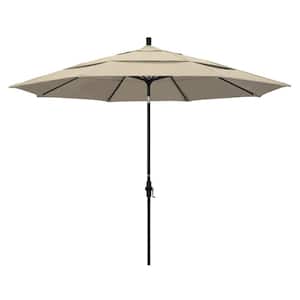 11 ft. Black Aluminum Pole Market Aluminum Ribs Crank Lift Outdoor Patio Umbrella in Antique Beige Sunbrella