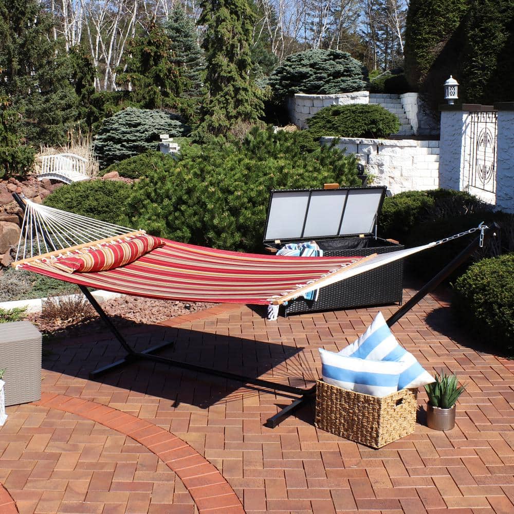 Red and Brown Quilted Fabric 2-Person Hammock with Steel Stand